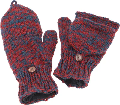Produktbild von Handgestrickte Handschuhe, Klapphandschuhe Nepal, Wollhandschuhe - Dunkelrot/blau, Uni, Wolle, Handschuhe & Handstulpen
