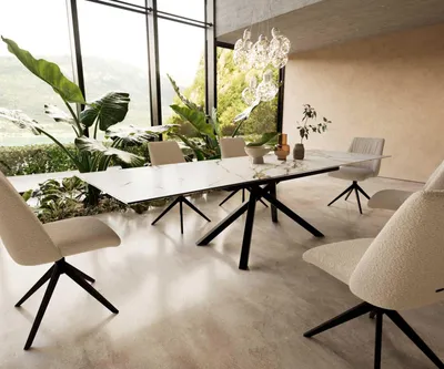 Produktbild von DELIFE Esstisch Edge 200-300x100 Keramik Calacatta Luxe Weiß-Gold-Grau Kreuzgestell Rechteck Schwarz ausziehbar
