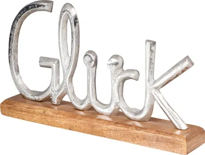 Produktbild von Schriftzug Glück L29cm Metall Silber Mango Holz Tischdeko Deko Aufsteller