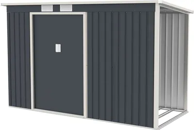 A dark gray metal shed with a white frame and trim, featuring double doors and an open section on the right side. The shed is shown from a front-side angle against a white background.