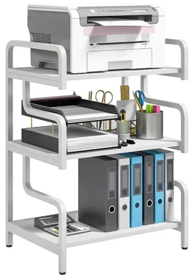 Image de Table de bureau pour imprimante - Étagère pour imprimante - 3 niveaux - Espace de rangement - Structure métallique - 55 x 40 x 77 cm - Blanc