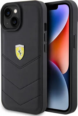 A black iPhone case with a quilted pattern and a Ferrari logo is shown next to an iPhone.