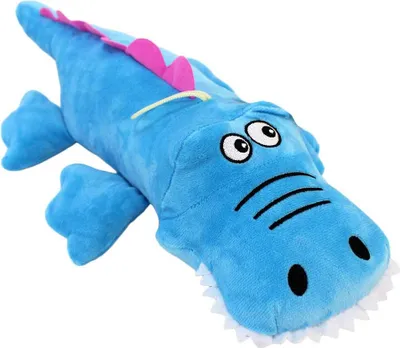 A blue plush crocodile toy is shown against a white background.