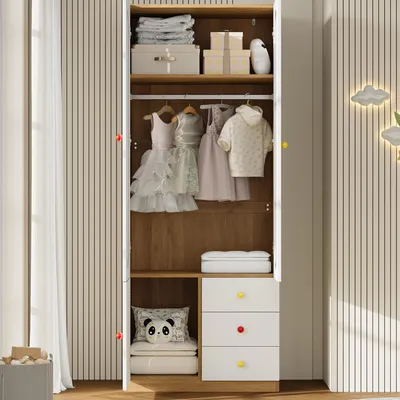 Produktbild von Kleiderschrank mit 2 Türen & 3 Schubladen 80x200x45 cm Weiß  Moderner Kinderzimmerschrank mit Kleiderstange & Keramikgriffen
