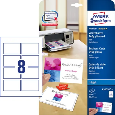 Image de Avery Zweckform C32028-25 Premium Cartes de visite, 85 x 54 mm, revêtement spécial jet d'encre, VS : brillant, RS : mat, 25 feuilles