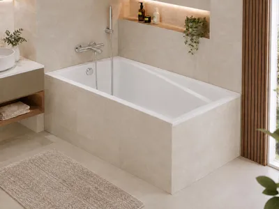 Produktbild von AQUA for you | Badewanne - Polimat Elza - rechteckige Acrylbadewanne – 170x75 cm - universal - Weiß - mit Chrom-Siphon, Gestell, Füßen, Handtuch