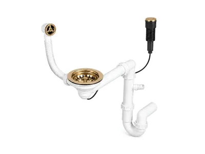 Produktbild von GranMaster Premium Raumsparsiphon für 1-Becken-Spülbecken Gold – Ablaufgarnitur mit Exzenterbedienung, rundem Überlauf und Geräteanschluss