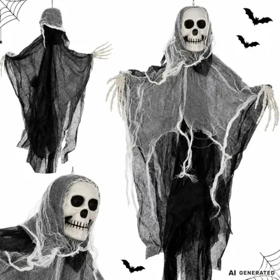 Obrázek produktu pro Dekorace na Halloween – Visící kostra ducha s lebkou, 80x70 cm