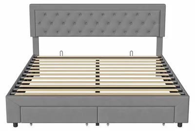 Obrázok produktu pre Postel s čalúneným rámom - 160 x 200 cm - Poťah z velúru - Úložný priestor - Čalúnená opierka hlavy - Hydraulický úložný priestor - Šedá farba
