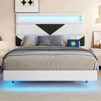 Produktbild von Fortuna Lai Polsterbett 160x200 cm, Schwebebett mit LED, USB, verstellbares Kopfteil, Samt, Doppelbett Beige/Schwarz, A