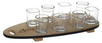 Produktbild von Servier-Set, 8 Gläser mit Holztablett