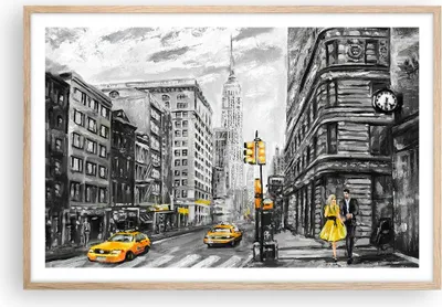 Produktbild von Gerahmtes Poster - Rahmen in heller Eiche - Stadt Taxi Wolkenkratzer Illustration - 91,5x61 cm - Wand Bild - Wanddeko - Wandbilder - Wandposter - Bilderrahmen - Bilder - Kunstdruck - P2NAA91x61-3148