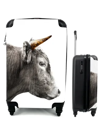 Produktbild von MuchoWow® Koffer Handgepäck Trolley Rollkoffer Kleine Reisekoffer mit 4 Rollen - Schottischer Highlander - Gold - Schwarz - Cabin Size < 55x40x23 cm & 55x40x20 cm - Fotokoffer - Kabinenkoffer - Boardgepäck - Reise-Box - Reisekoffer - Reisegepäck - Koffer mit Bild - Trolley für Kinder