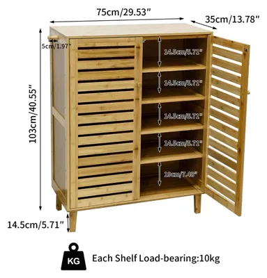 Immagine prodotto di Armadio per scarpe in bambù - Scarpiera con 2 ante - 5 ripiani - Lamelle ventilate - Contenitore per scarpe per ingresso e corridoio - Colore naturale