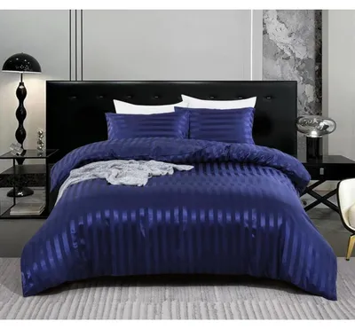 Obrázek produktu pro Sada povlečení (3 kusy), tmavě modrá, proužkovaná, saténová, rozměry: 220x240 cm + 2x 80x80 cm, se zapínáním na zip