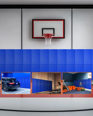 A collage of images showing a basketball hoop, a car in a garage, a treadmill, and exercise equipment.