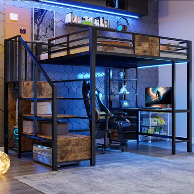Obrázok produktu pre Poschodová posteľ Merax 140 x 200 cm s písacím stolom, kovová posteľ s LED osvetlením a vešiakom na oblečenie, detská posteľ so zásuvkou a odkladacími priehradkami, čierna