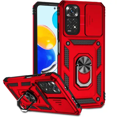 Immagine prodotto di Custodia per Xiaomi Redmi Note 11 / Note 11S a doppio strato con copertura scorrevole della fotocamera e supporto ad anello rosso