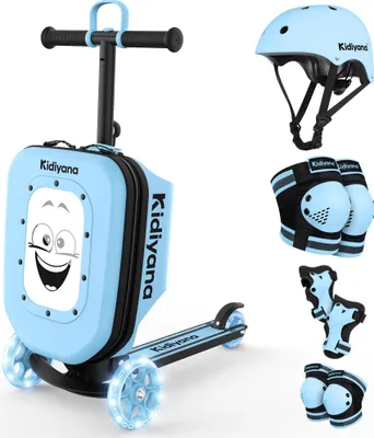 Produktbild von Kidiyana Kinder Scooter mit Koffer Blau + Kinderhelm S Blau + Schutzausrüstung S – 3er Sicherheits-Set – Roller für Kinder ab 2 Jahren