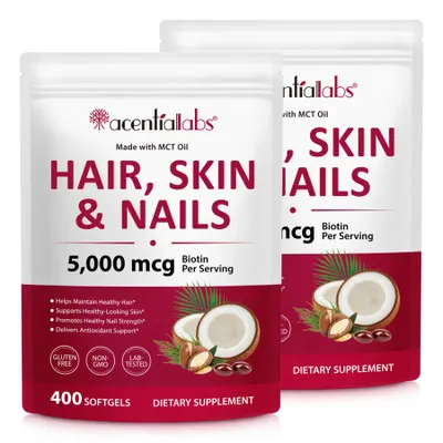 Image de Biotine 5000 mcg, dosage élevé. Pour la peau, les cheveux et les ongles. Complément alimentaire pour la santé des cheveux. Vitamine. 2 x 400 gélules souples