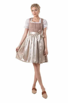 Produktbild von 2-teiliges Trachtenkleid (Kleid + Schürze) in Hellbraun/Dunkelbeige, KI-generiertes Bild