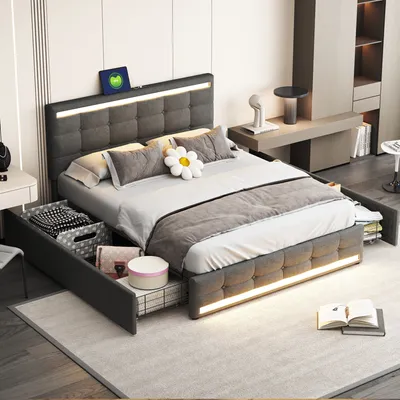 Image de Lit rembourré MODFU 140 × 200 cm, sommier fonctionnel, lit pour adolescent avec 4 tiroirs et 2 ports USB, sans matelas – gris