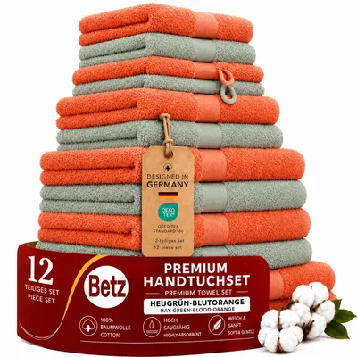 Produktbild von Betz 12-tlg. Handtuch-Set PREMIUM 2 Duschtücher 4 Handtücher 2 Gästetücher 2 Seiftücher 2 Waschhandschuhe Farbe: blutorange / heugrün, KI-generiertes Bild
