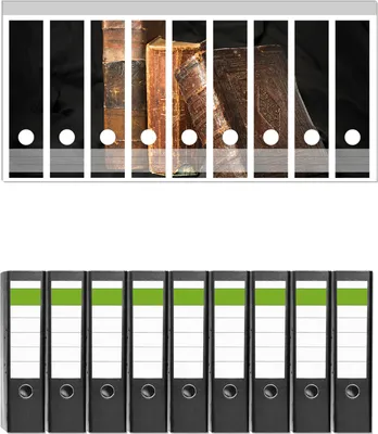 Produktbild von Wallario 9 Stück breite Ordner inkl. Klebeetiketten mit Motive Alte Bücher mit abgenutztem Einband -  Set mit Rückenschildern / Ordnerrücken Stickern