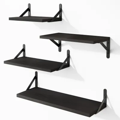 Produktbild von Wandregal aus Holz und Metall, 4er-Set, schwarze Wandregale mit 3 Montagemöglichkeiten – dekoratives Wandregal für Wohnzimmer, Küche, Schlafzimmer, Badezimmer und Büro