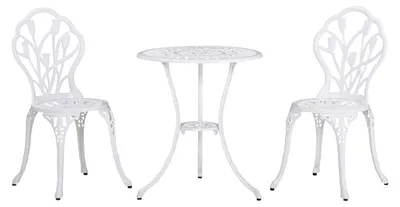 Image de Ensemble de salon pour 2 personnes, ensemble de mobilier de jardin comprenant 1 table et 2 chaises avec trou pour parasol, en aluminium blanc