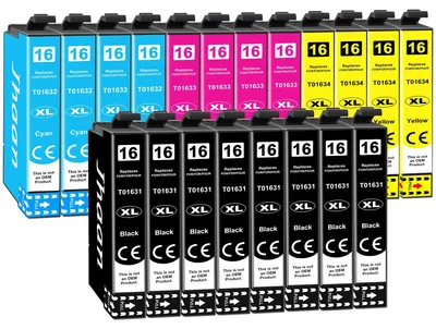 Imagen del producto de Juego de 20 cartuchos de tinta de repuesto para impresoras Epson, modelo 16XL: 8 negros, 4 cian, 4 magenta y 4 amarillos