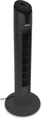 A black tower fan on a white background.