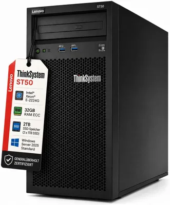 Produktbild von Lenovo ThinkSystem ST50 Server Intel Xeon E-2224G CPU, 32GB ECC RAM, 2 x 1TB SSD, Win Server 2025 Standard ()