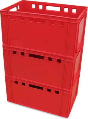 Three red plastic crates stacked on top of each other against a white background.
