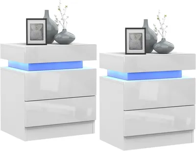 Produktbild von 2x Nachttisch mit LED,Weiß Hochglanz Nachttisch,Nachtkommode mit 2 Schubladen,mit1 Klappdeckel,Beistelltisch für Schlafzimmer ,Wohnzimmer 45x35x52cm