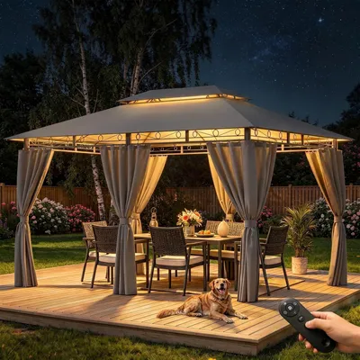 Produktbild von Gartenpavillon 3x4m Wasserdicht Stabil Doppeldach mit Seitenwänden UV-Schutz 50+ Grau Metallrahmen