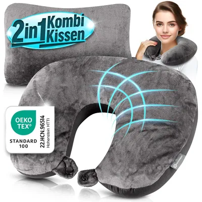 Produktbild von Heimwert Reisekissen - 2in1 Memory Foam Nackenkissen Stützkissen,Nackenhörnchen, 31x21 cm - Travel Pillow für Flugzeug, Camping, Reise - Ergonomisches Kopfkissen 1 Stk
