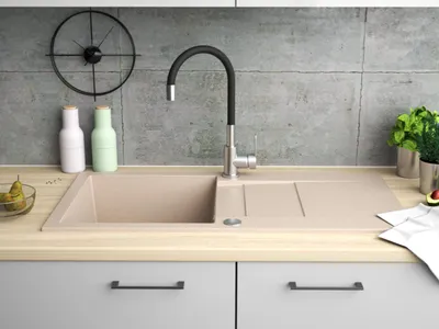 Produktbild von Granitspüle - Spülbecken - Küchenspüle - 86 x 43,5 cm - Beige - Einbauspüle - Hochwertig, Pflegeleicht, Platzsparend, mit Siphon, Cascada 40