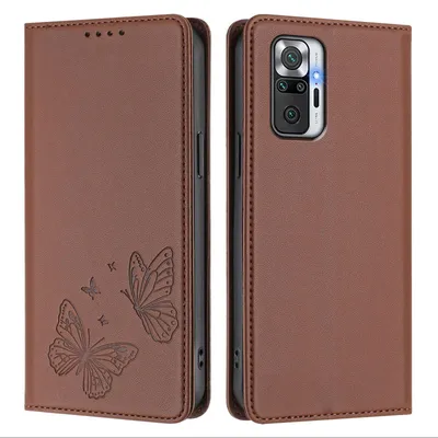 Produktbild von Lederhülle für Xiaomi Redmi Note 10 Pro/Note 10 Pro Max, Schmetterling Prägung Leder Brieftasche Schutzhülle mit Ständer Braun