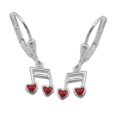 Produktbild von Ohrbrisur Ohrhänger Ohrringe 24x7mm Musiknote Doppelnoten mit Herz rot Silber 925