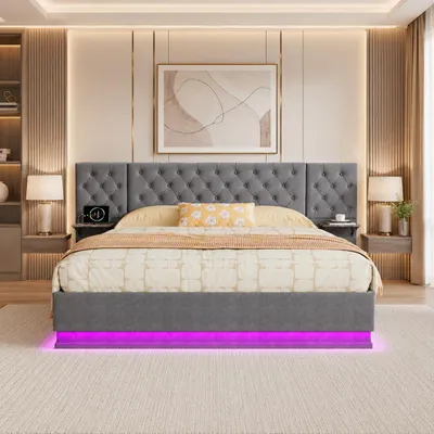 Immagine prodotto di Letto imbottito INONEFT 140x200 con LED e USB, letto singolo con sistema di sollevamento idraulico, ampia testiera e rete a doghe, colore grigio lino, Immagine generata dall'IA