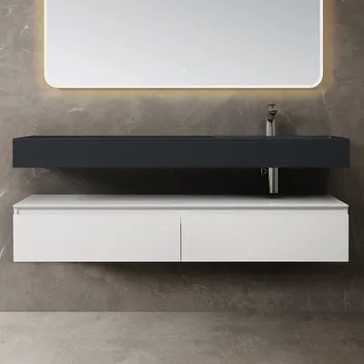 Produktbild von doporro Waschbecken-Unterschrank Badmöbel-Set in matt weiß Design Waschplatz 150x48x25cm Badzimmerschrank inkl. matt Anthrazit Minralguss-Waschbecken UP