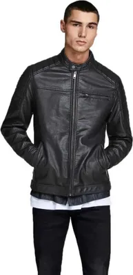 A man wearing a black leather jacket.