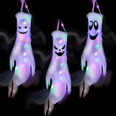 Produktbild von 3 Stück Halloween Windsäcke – Geister Windsäcke mit Warmweißem LED Licht, für Dekoration im Garten