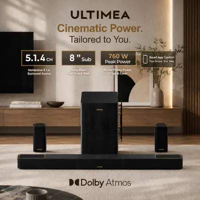 Produktbild von Soundbar mit 5.1.4 Kanälen – 760 Watt Leistung – 8 Zoll Subwoofer – Bluetooth – für Heimkino