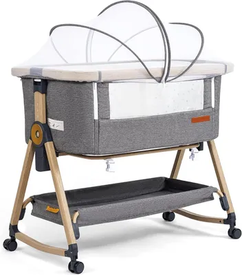 Produktbild von 3-in-1-Baby-Beistellbett – als Beistellbett, Reisebett und Stubenwagen mit Matratze und Moskitonetz – höhenverstellbar, klappbar, mit Rollen und Tragetasche – Grau