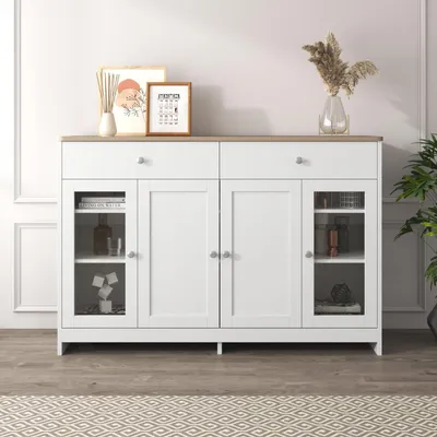 Immagine prodotto di Credenza buffet con 4 ante, 2 ante in vetro, 2 cassetti, dimensioni 120x37x80 cm, colore bianco con finitura effetto legno