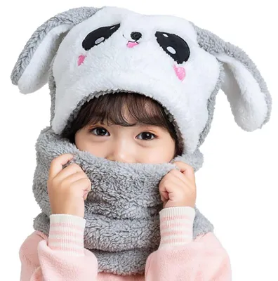 Produktbild von Kinder Winter Mütze mit Schal 2 in 1 Kaninchen Panda Ohrenklappe Ski Mütze Set 5-8 Jahre Grau Plüsch