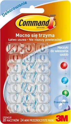 Zdjęcie produktu dla Command Haczyki do Wieszania Ozdób 3M Mocno się Trzyma 20SZT + 24 Paski