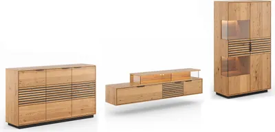 Produktbild von Wohnwand Tirano Wohnzimmer-Set Massivholz geölt Ausführung wählbar,Kommode, Lowboard, Vitrine,Eiche Natur / Absetzung Lamellen
